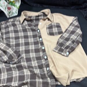 Men’s SHEIN Plaid and Solid Shirt - Brown and Tan full button down.